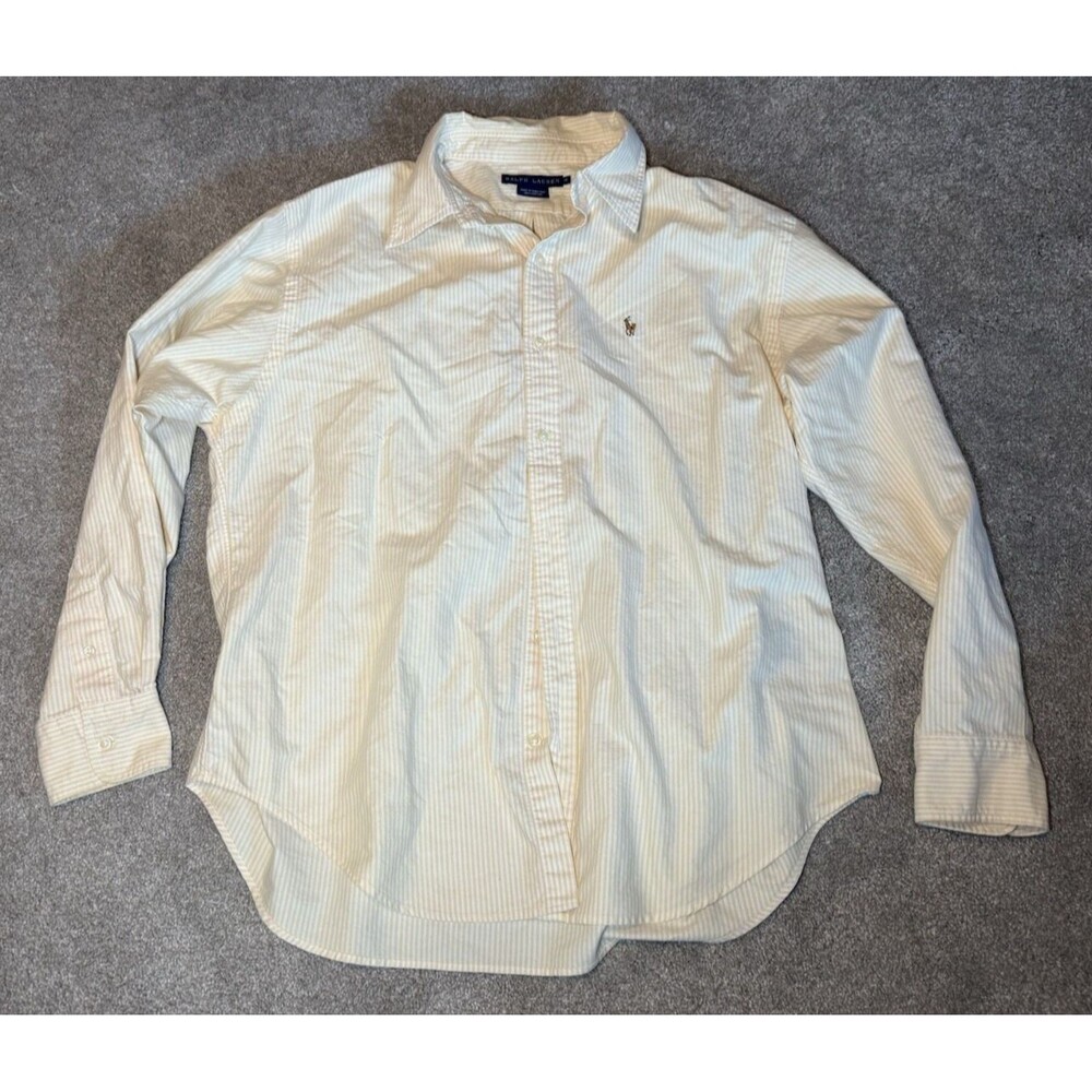 Ralph Lauren Boy's Size 16 Long Sleeve OxforDress Shirt White And Yellow Striped